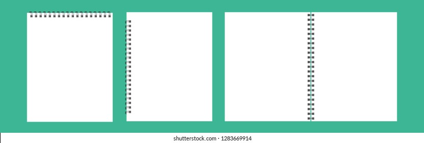 A set of templates for albums, notepads with a metal spiral. realistic opened notebook isolated on a green background