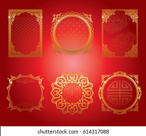 A set of templates of Asian frames and patterns, in red and gold