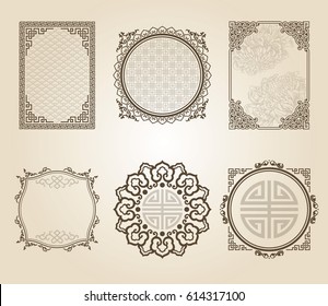 A set of templates of Asian frames and patterns, in sepia