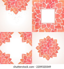 Set of templates or backgrounds, frames with watercolor floral pattern, red lotus flower mandala