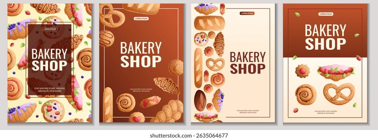Um conjunto de modelos para panfletos de padaria. Confeitaria, cozinhar, assar. Ilustração vetorial A4 para cartazes, banners e anúncios