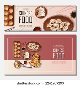 Set of templates banner design for shop, restaurant, cafe, promotion, advertising. Vector illustration of Chinese food and copy-space. Flyer, sale, poster, coupon, cover, brochure concept.