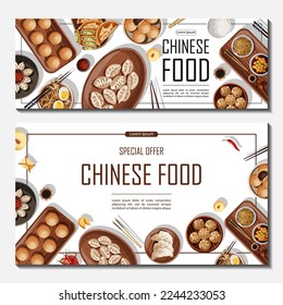 Set of templates banner design for shop, restaurant, cafe, promotion, advertising. Vector illustration of Chinese food and copy-space. Flyer, sale, poster, coupon, cover, brochure concept.