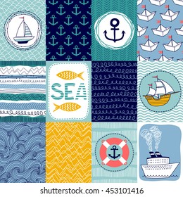 Set templates banners or cards with abstract and nautical elements. Freehand drawing