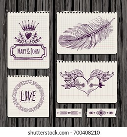 Set of templates for banners or cards. Can be used for scrapbook, postcards, print, etc. Romantic drawings in a notebook