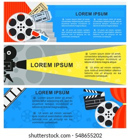 Set of templates of banners for the cinema. Concept with Place for Text. Camera and film strip curtain and popcorn. Flat vector cartoon illustration. Objects isolated on a white background.