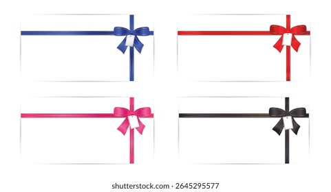 Set of templates for banners or gift cards with red, pink, black, blue satin bows with decorative label on white background. Vector.