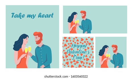 Set of templates and banners happy Valentine's day. A couple in love  drinks champagne. A man with a red beard and a woman with dark hair. Flat vector illustration.