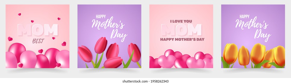 Set of templates, banners for mother's day with balloons and flowers