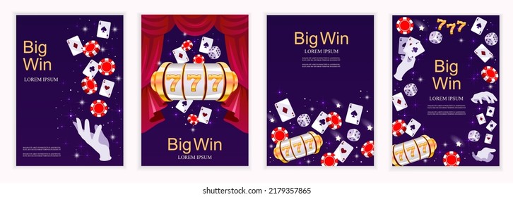 Set of templates for banners, posters, covers, flyers, brochures. Online casino. Landing page design, advertising. Cards, chips, jackpot. Big win. Poker, dice. Vector realistic illustration. EPS 10 svg