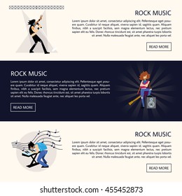 Set of templates of banners with rock musicians playing different instruments with space for text vector illustration