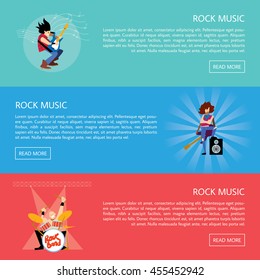 Set of templates of banners with rock musicians playing different instruments with space for text vector illustration.
