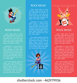 Set of templates of banners with rock musicians playing different instruments with space for text vector illustration
