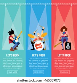 Set of templates of banners with rock musicians playing different instruments with space for text vector illustration