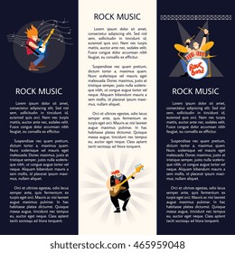 Set of templates of banners with rock musicians playing different instruments with space for text vector illustration