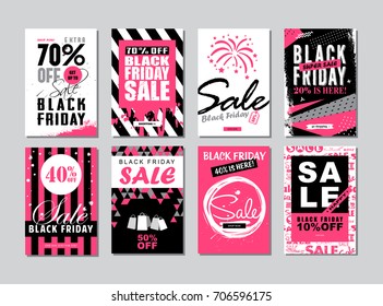 Set von Vorlagen-Bannern für Websites und mobile Websites. 
Black Friday Sale Banner. 
Trendy flacher Stil mit handgeschriebenen Worten für Poster, 
Newsletter Designs, Anzeigen, Coupons, Social Media. Vektorgrafik