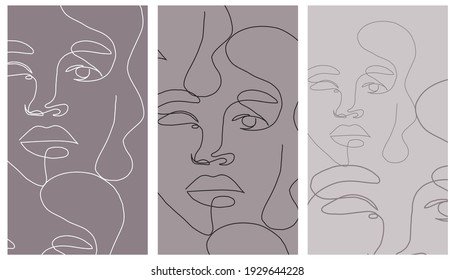 Set of templates with beautiful linear women faces. One line hand drawn portraits. Minimal female face silhouette. Design vector promotion. 