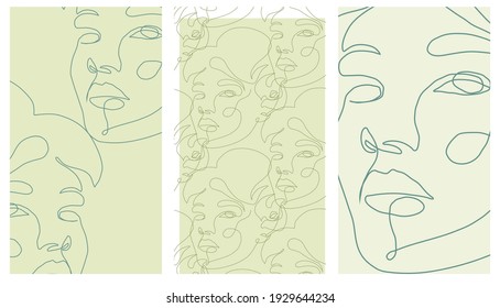 Set of templates with beautiful linear women faces. One line hand drawn portraits. Minimal female face silhouette. Design vector promotion. 
