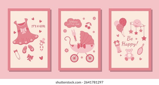 A set of templates for birthday greeting cards, invitations, banners and more for a newborn baby girl. Vintage vector illustration