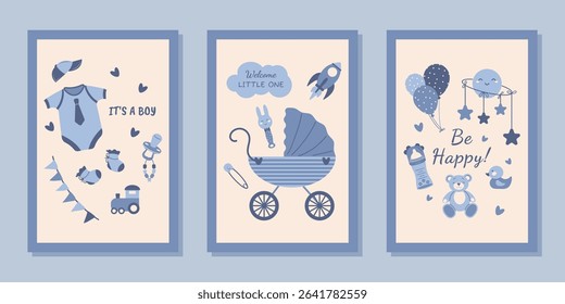 A set of templates for birthday greeting cards for a newborn boy and invitations to a party for newborns, Modern vector illustration