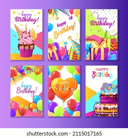 Set of templates for birthday greeting, happy birthday card, invitation to holiday or celebration party. Colorful gift boxes, cake, balloons, colored ribbons and confetti. Vector illustration