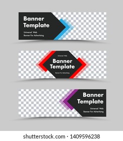 Set of templates of black horizontal web banners in the form of an insole with transparent color elements and space for a photo. Design for advertising.