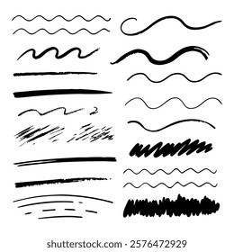 a set of templates of black paint strokes by hand on a white background, a collection of brushes and strokes