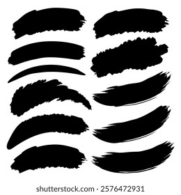 a set of templates of black paint strokes by hand on a white background, a collection of brushes and strokes