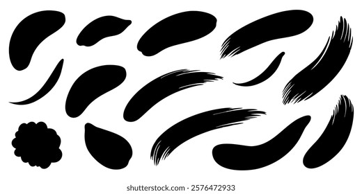 a set of templates of black paint strokes by hand on a white background, a collection of brushes and strokes