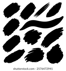 a set of templates of black paint strokes by hand on a white background, a collection of brushes and strokes
