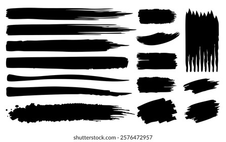 a set of templates of black paint strokes by hand on a white background, a collection of brushes and strokes