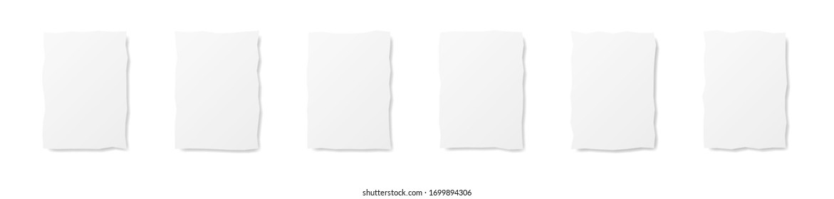 Conjunto de plantillas de hojas blancas en blanco con sombra. Las diferentes sábanas no se recortan uniformemente. Aislado en segundo plano. Ilustración vectorial.