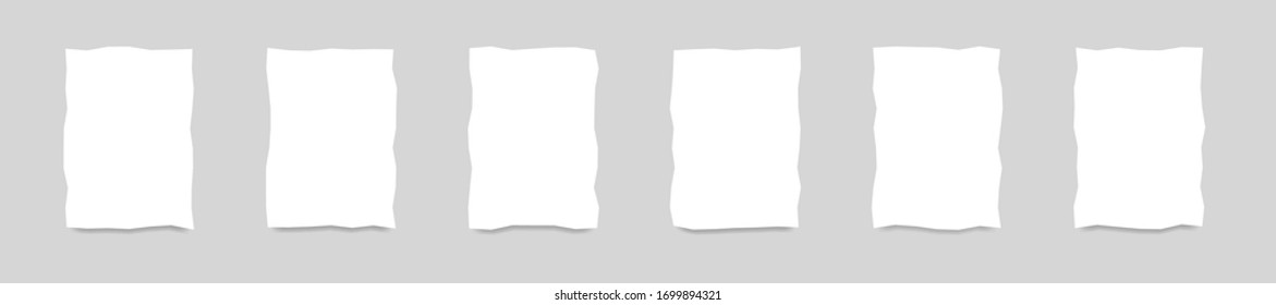 Set of templates of blank white sheets with shadow. Different sheets are not evenly cropped. Isolated on background. Vector illustration.