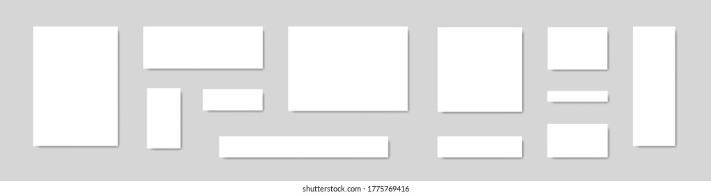 Set of templates of blank white sheets of paper in different formats with shadow. A4 format and others. Isolated on a gray background. Vector illustration.