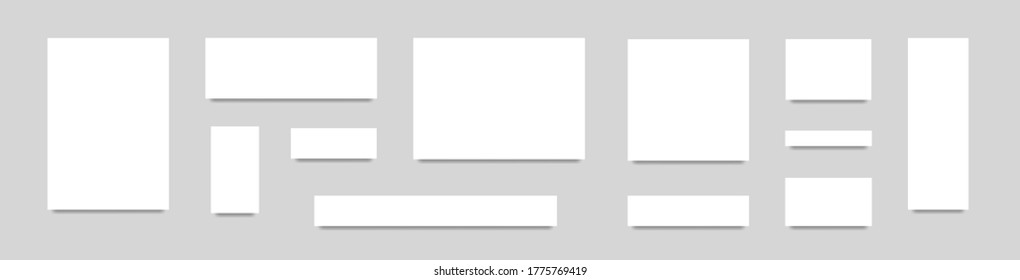 Set of templates of blank white sheets of paper in different formats with shadow. A4 format and others. Isolated on a gray background. Vector illustration.
