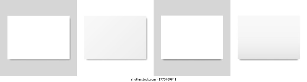 Set of templates of blank white sheets of A4 paper with different shadow. Isolated on gray and white background. Vector illustration.