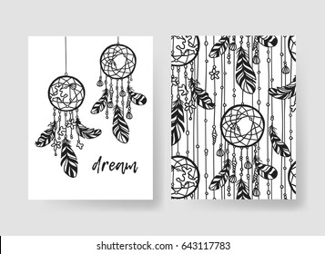 Set of templates boho cards. Hand drawn vector patterns brochures. Actual artistic design in bohemian chic style