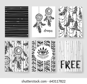 Set of templates boho cards. Hand drawn vector patterns brochures. Actual artistic design in bohemian chic style