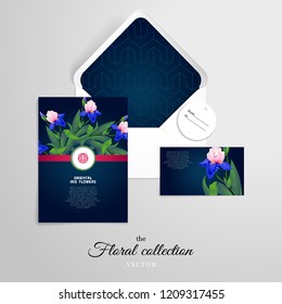 Set of templates for branding. Envelope, postcard and business cards. Oriental iris flowers