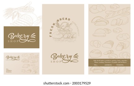 A set of templates for a bread store. Template of a booklet, flyers, business cards with a set of bread in an engraving vintage style.