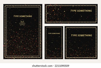 Set of templates with bright sparks flying from top to bottom, frame of bones, copy space. Backgrounds for prints, social media posts, stories. Good for Halloween, Dia de Muertos holiday decoration.