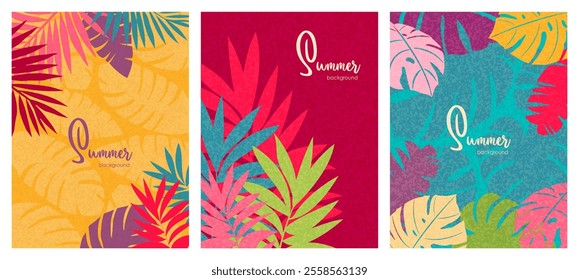 A set of templates for bright, summer posters with tropical leaves. Design for wallpapers, web pages, covers, flyers, sales.