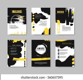 Set of Templates for Brochure. Abstract Hand Drawn Vector. Underground flyers design. Design with black and yellow painted background 