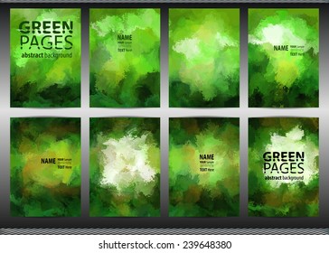 Set of templates brochure. Cover and sheets. For posters, flyers, and magazines. Green pages. Abstract painted background.