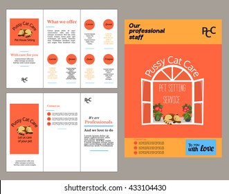 Set of templates. Brochure, flyer, poster template. Pet care concept. Pussy cat pet care service. House sitting service. Advertising poster, newsletter, leaflet. Company Headliner. Vector illustration