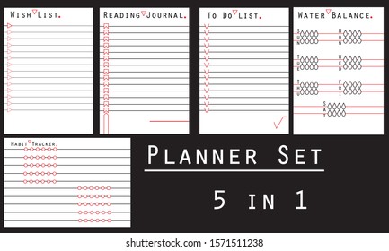 Set of templates for bullet journal, planner, scrapbooking do it yourself notepad. Decorated with red elements and bookmarks, drops. Printableblank in vector. Triangle and dot. Minimal style.