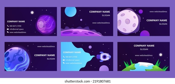 Set of templates for business cards. Abstract shape and planets. Web design. Space exploring. Vector illustration. Template for presentation, banner, flyer. 