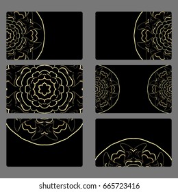 Set of templates business cards or invitation cards with lace ornament. Abstract floral mandala pattern and ornaments. Indian, Islam, Arabic, ottoman motifs. hand drawn background. gold, black color