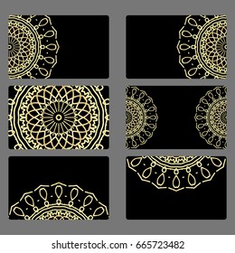 Set of templates business cards or invitation cards with lace ornament. Abstract floral mandala pattern and ornaments. Indian, Islam, Arabic, ottoman motifs. hand drawn background. gold, black color