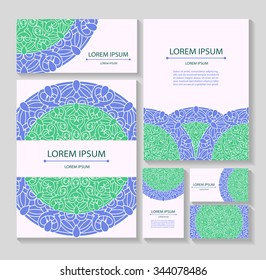 Set templates business cards and invitations with circular patterns of mandalas. Corporate style for your documents. Vector illustration